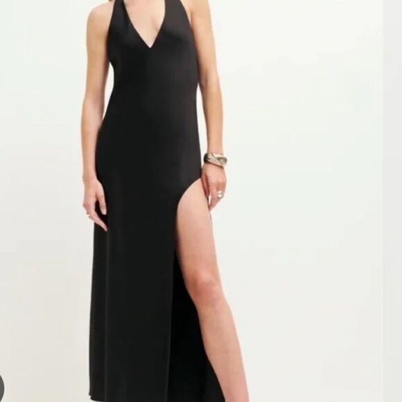 Reformation ‘Meral’ Black Satin Halter Dress Small NEW $298 - Picture 2 of 7